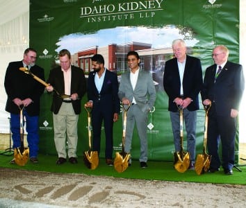 Ready to break ground for the Idaho Kidney Institute that is coming to Blackfoot. From left are Bingham County Commissioner Mark Bair, U.S. Congressman Mike Simpson, Dr. Fahim Rahim, Dr. Naeem Rahim, co-founders and managing partners of the Idaho Kidney Institute, Joe Cannon, chairman of the board of Bingham Memorial Hospital and Jeff Daniels, CEO, Bingham Memorial Hospital.